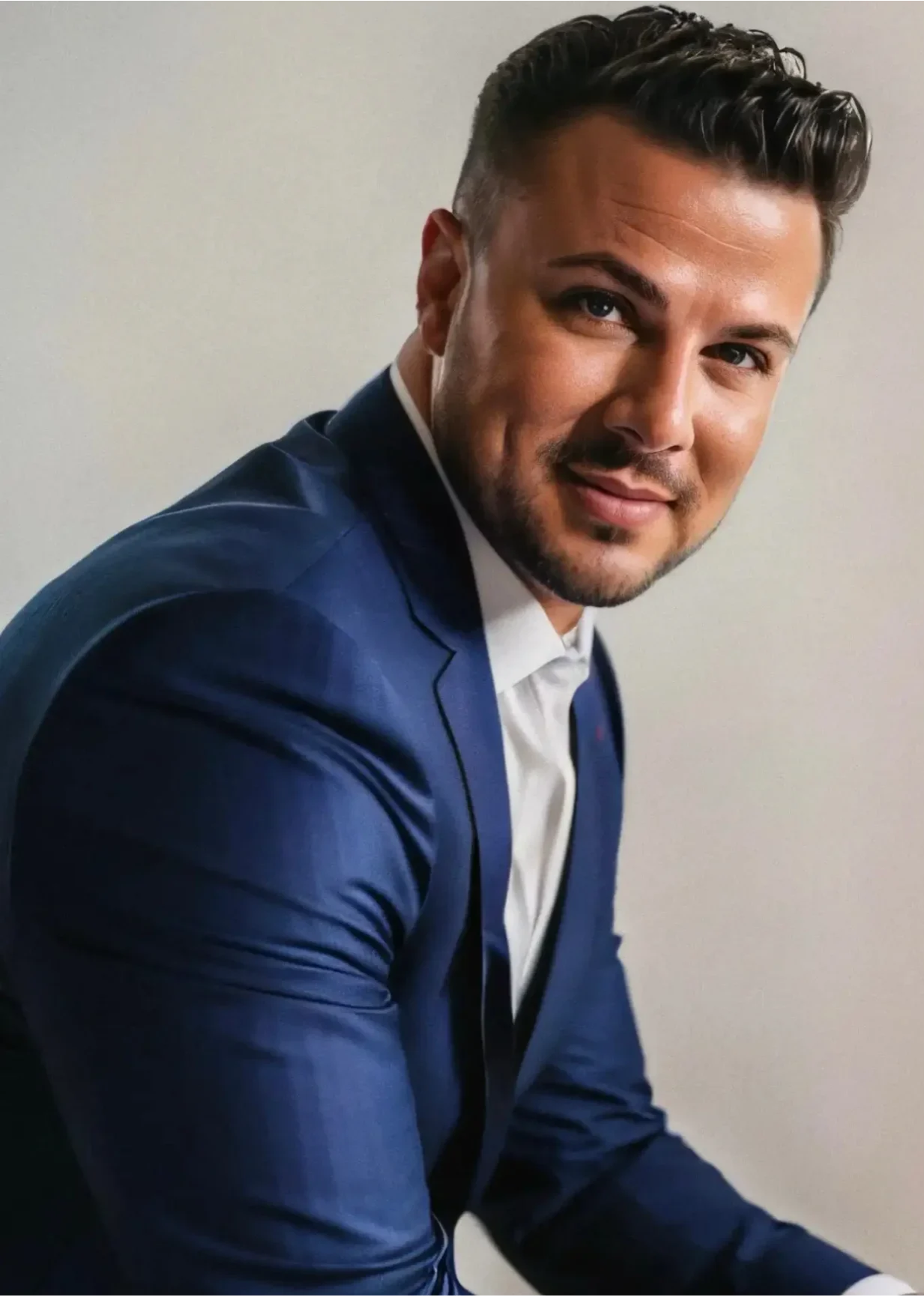 Nick Cicchino, of Nick Cicchino Photography seated and wearing a blue suit with a soft smile looking at the camera.