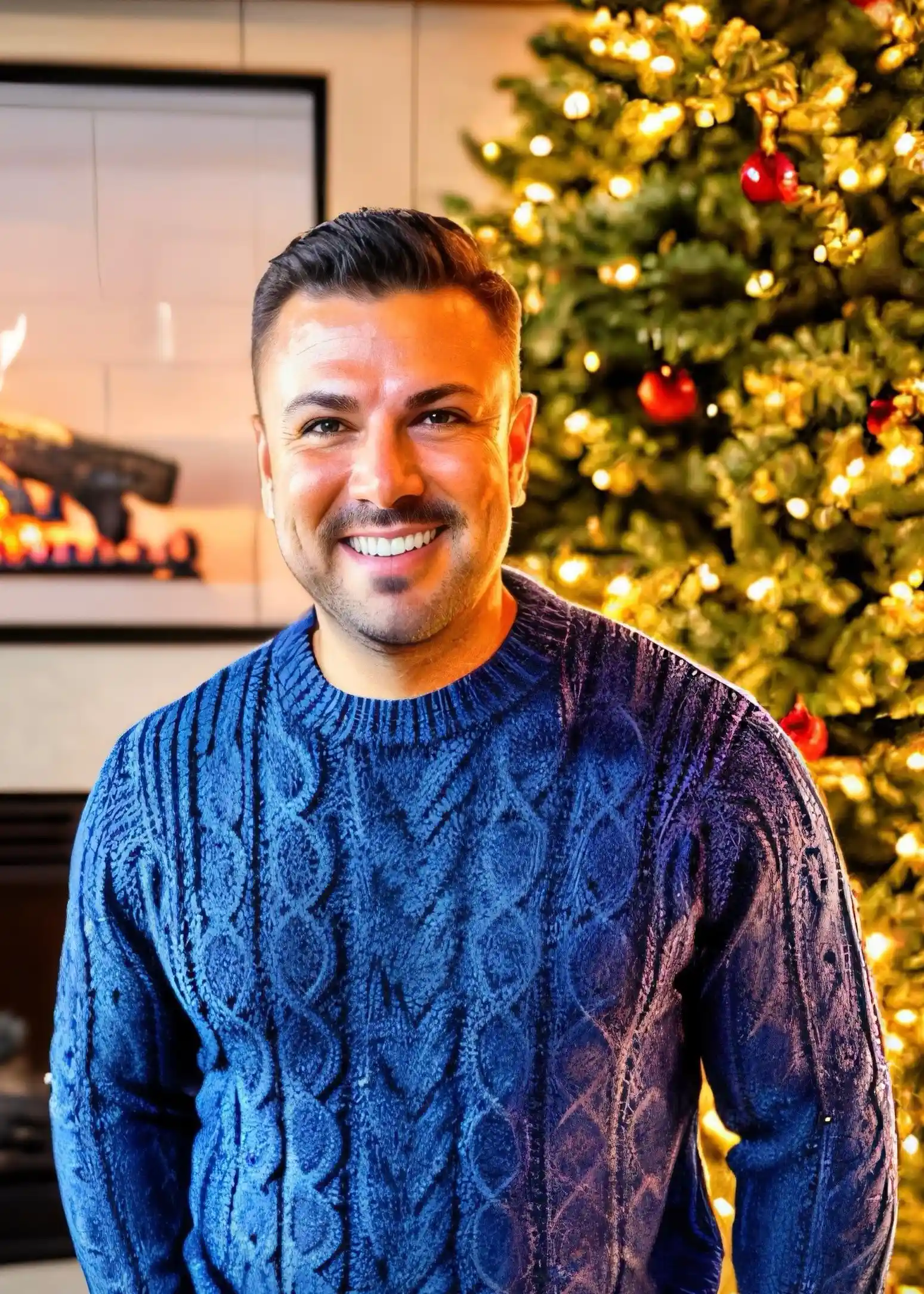 Nick Cicchino, lead photographer at Nick Cicchino Photography, in a blue sweater, smiling for the camera infant of a Christmas tree.