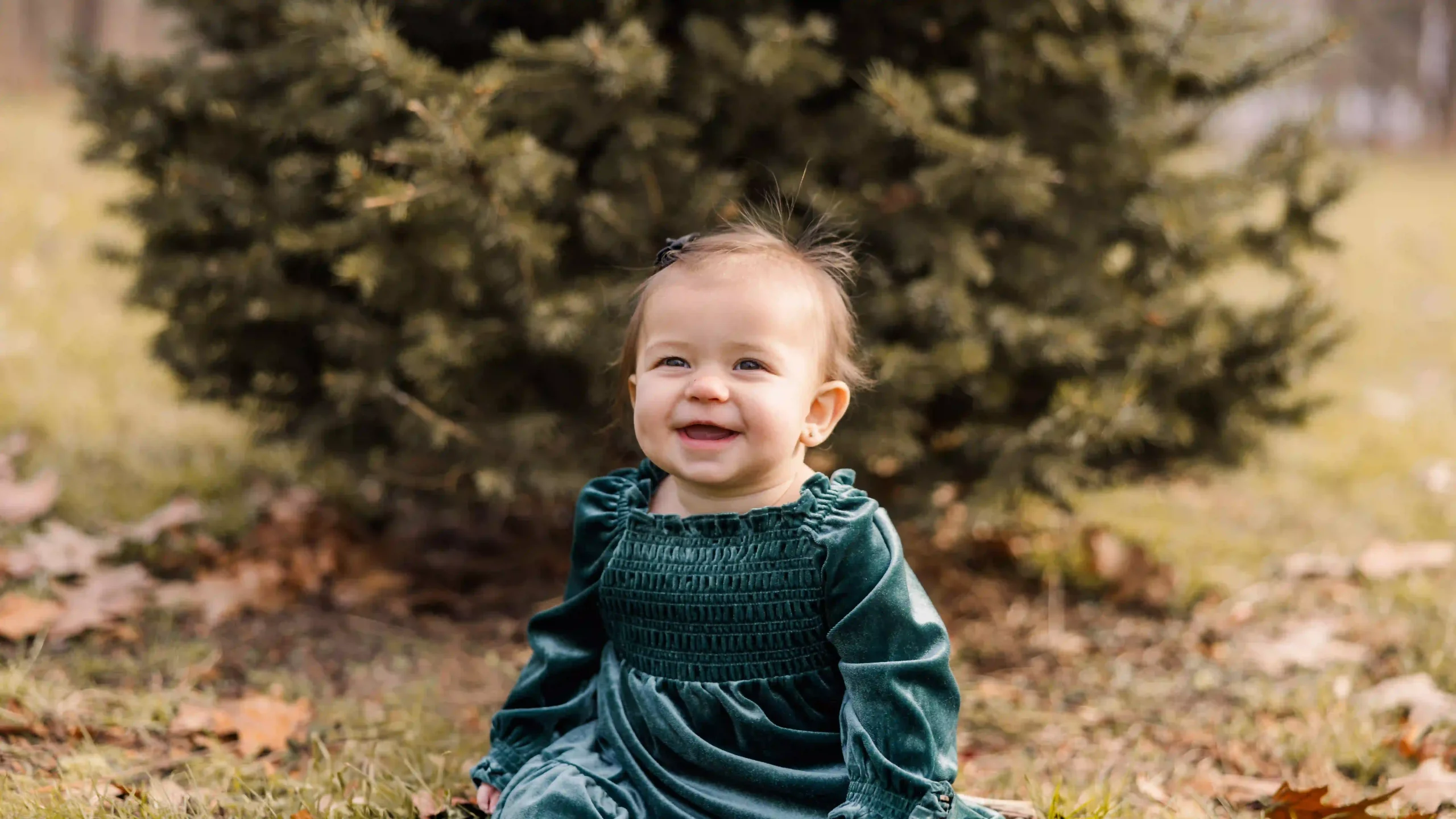 A baby girl in a park sitting by a Christmas tree and smiling during her first Christmas photoshoot wearing a beautiful green dress.