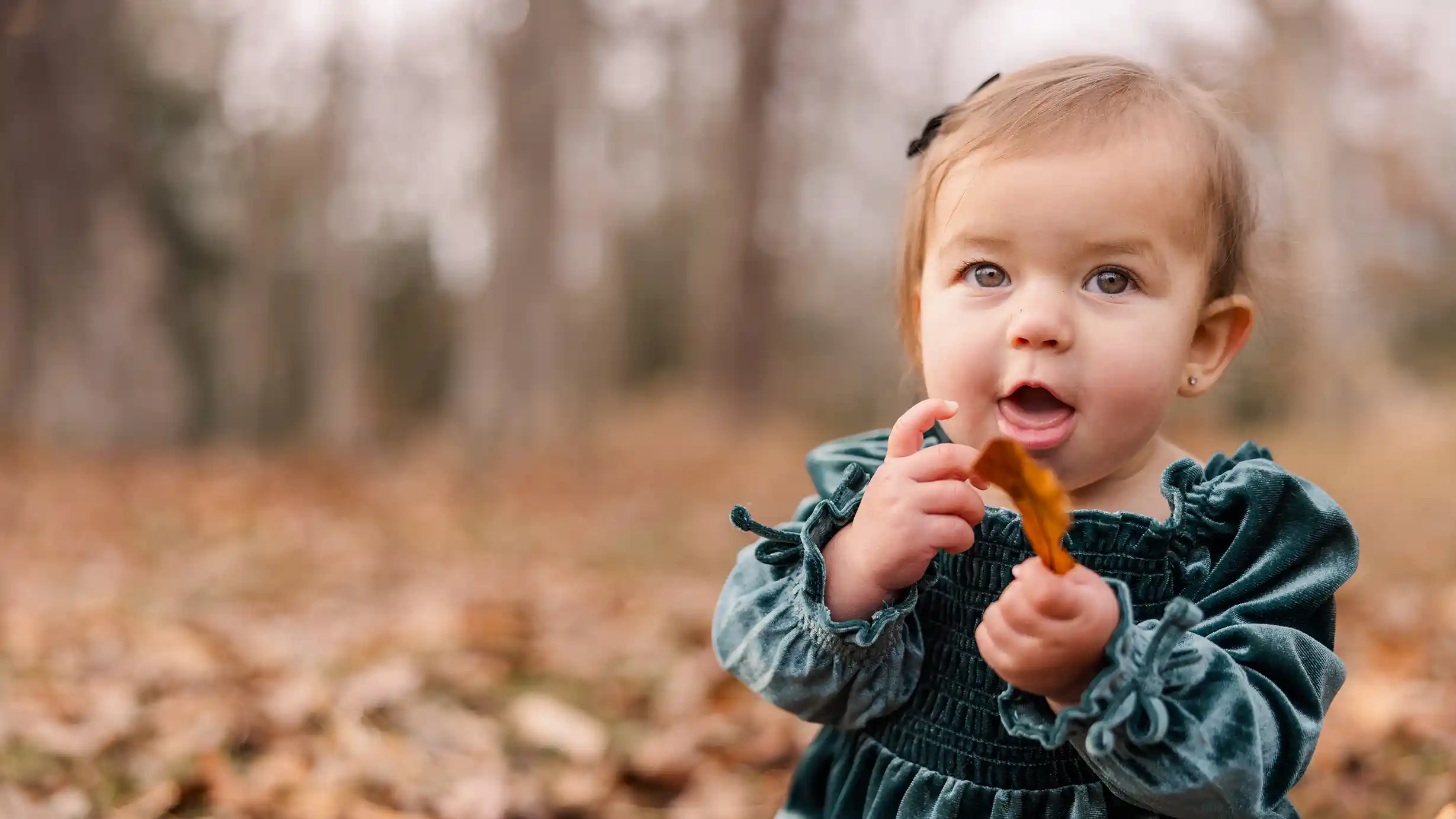 A baby girl in a park sitting by a Christmas tree and smiling during her first Christmas photoshoot wearing a beautiful green dress playing with leaf.